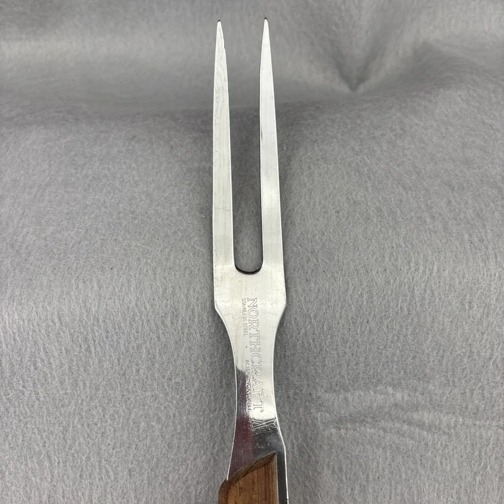 Vtg Northcraft Japan SS Full Extended Tang 2 Prong Carving Fork Acier Inoxydable